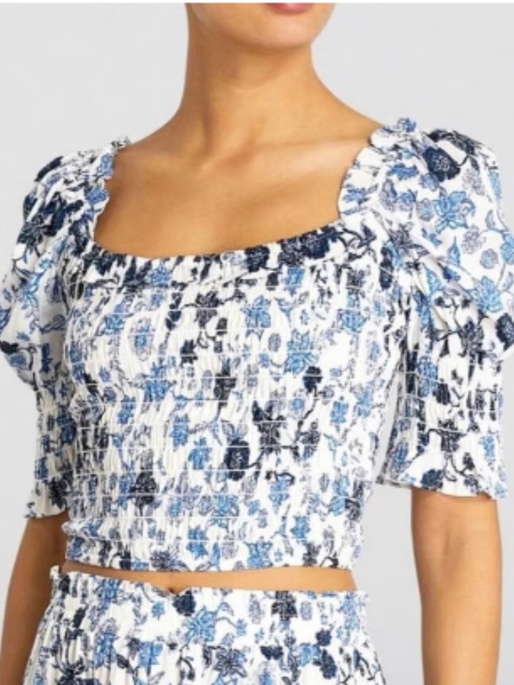 MISA Los Angeles White Crop Top with Blue Floral Print